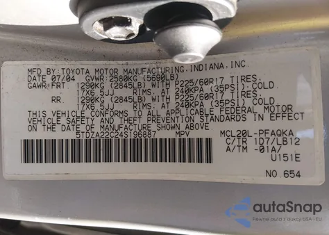 2004 Toyota Sienna Xle из США, поврежденный, VIN 5TDZA22C24S196887